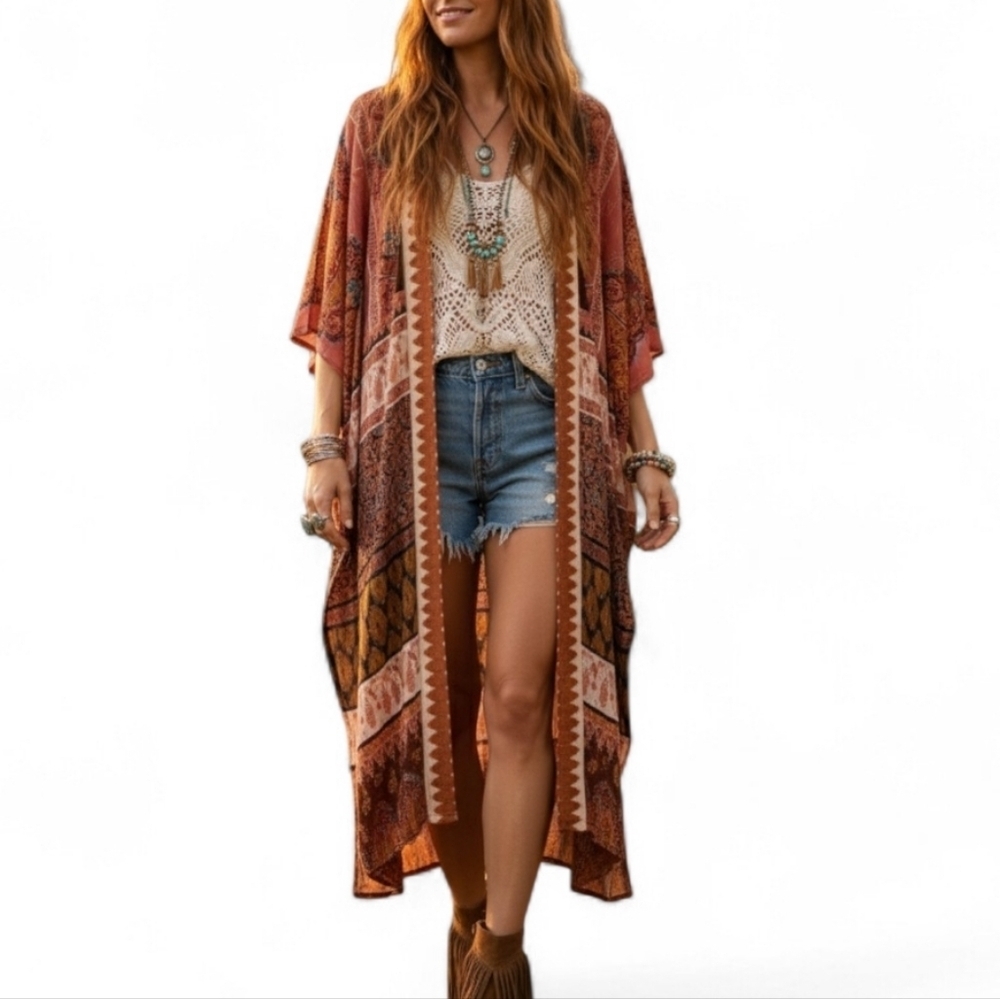 NWT DR2 Bohemian Open Front Kimono Wrap - Earthy Paisley Print